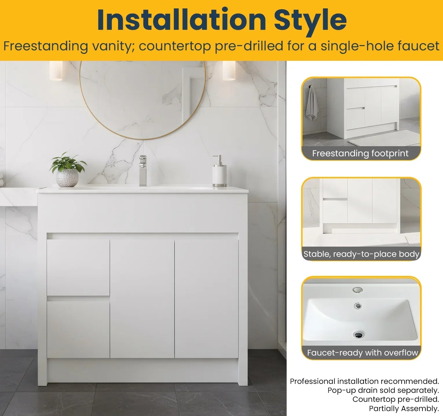 36" Matte White Freestanding Single Sink Bathroom Vanity with White Ceramic Countertop