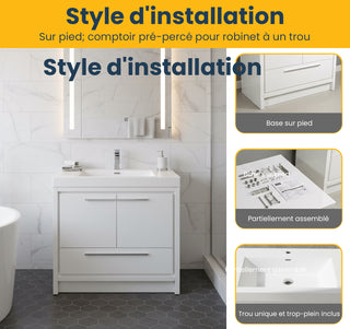 Meuble-Lavabo Autoportant 36po Blanc Brillant avec Comptoir de Polymarbre Blanc 