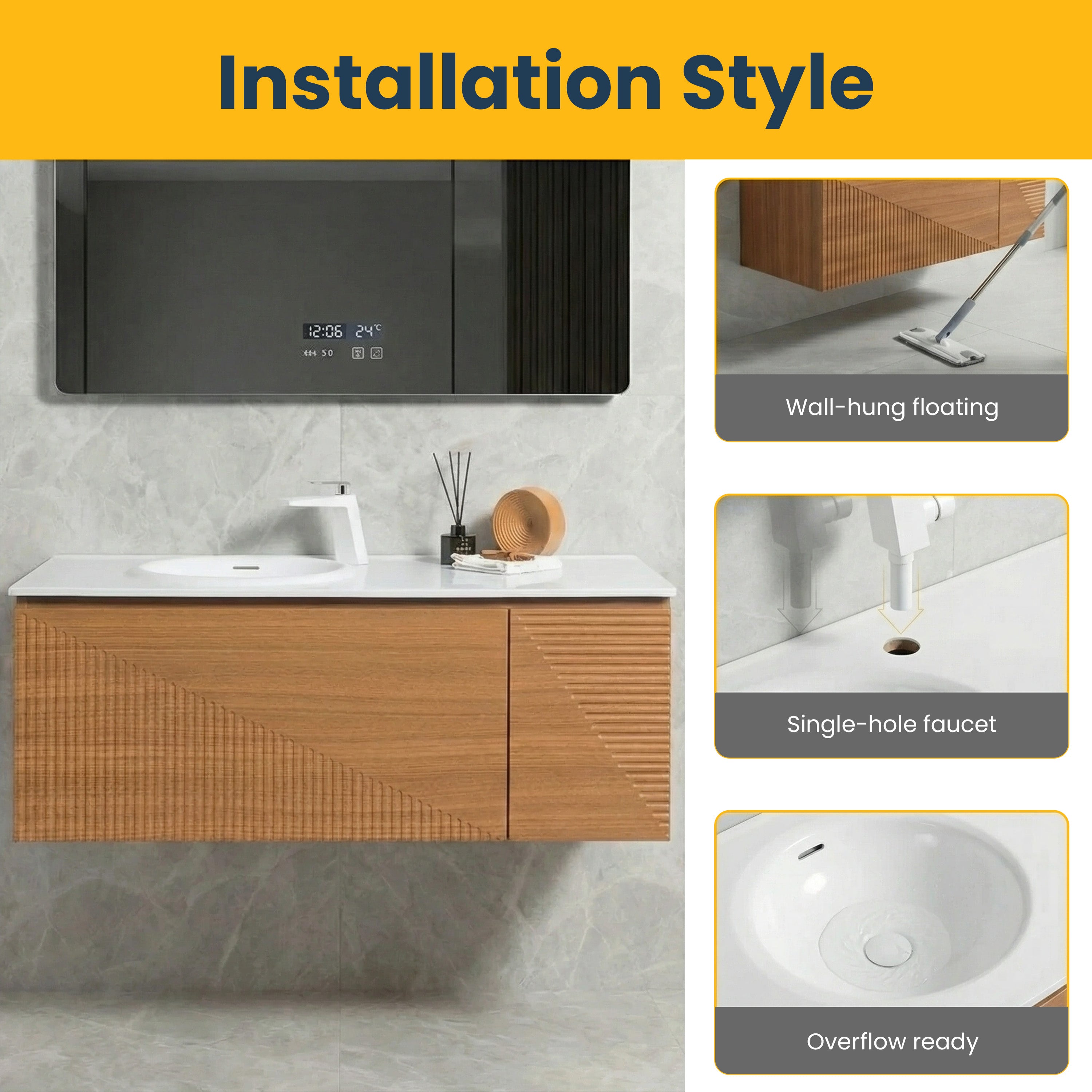48" Light Oak Wall Mount Bathroom with White Solid Surface Countertop