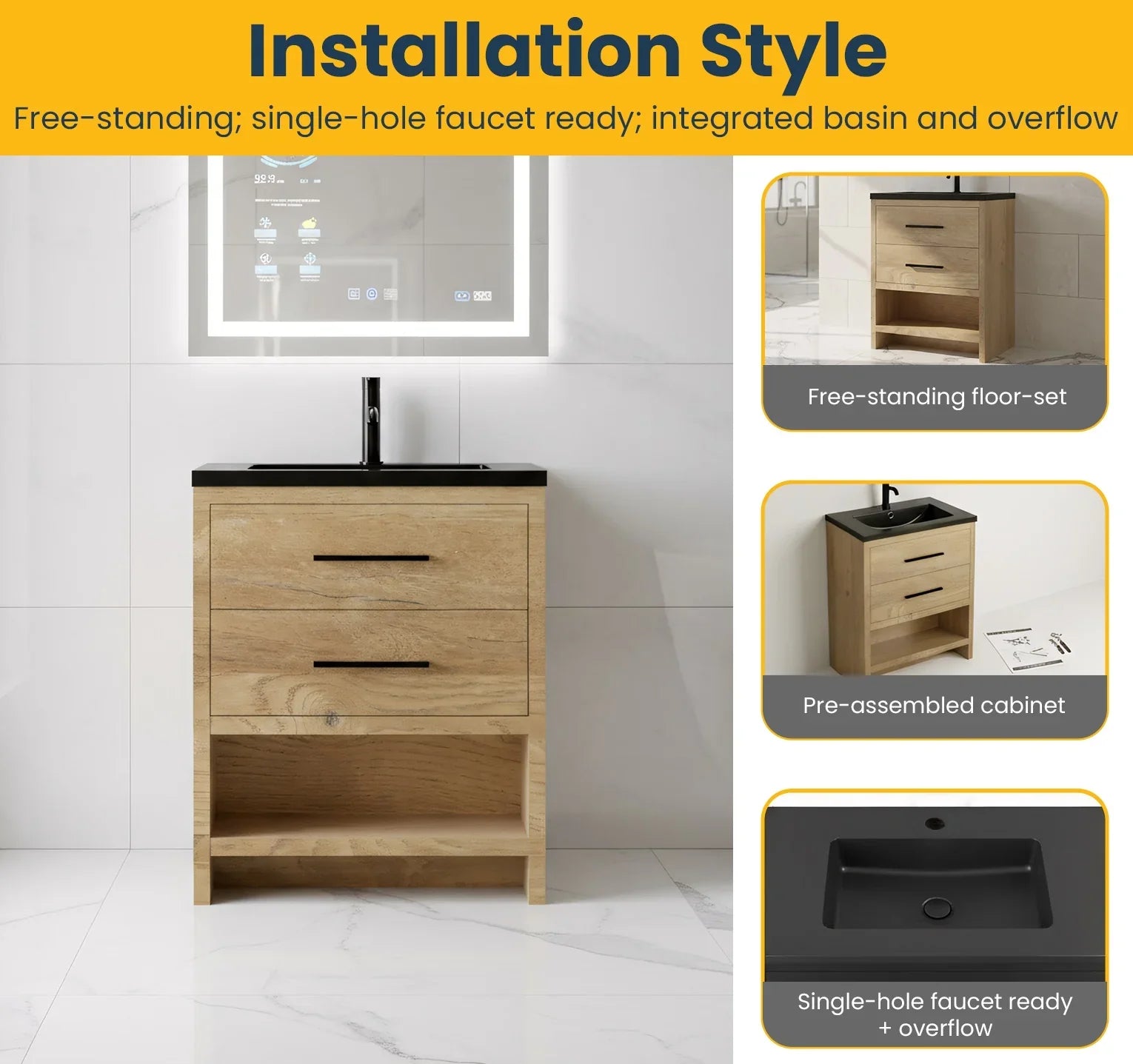 30" Rough Oak Freestanding Bathroom Vanity with Black Engineered Quartz Countertop