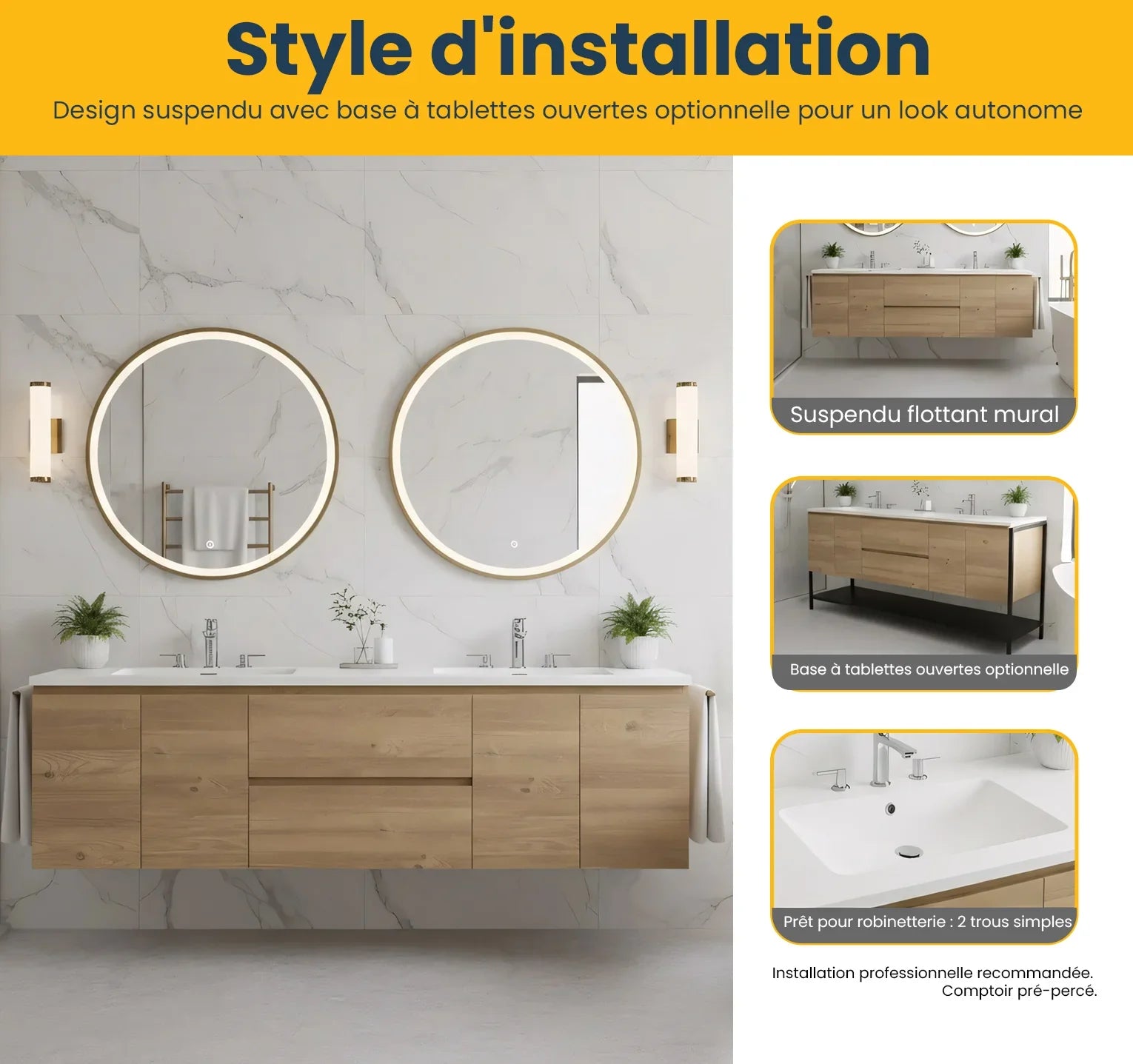 72" Rough Oak Wall Mount Double Sink Bathroom Vanity with White Polymarble Countertop