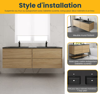 Meuble-Lavabo Mural 60po Noyer Couchant avec Comptoir de Quartz d'ingénierie Noir