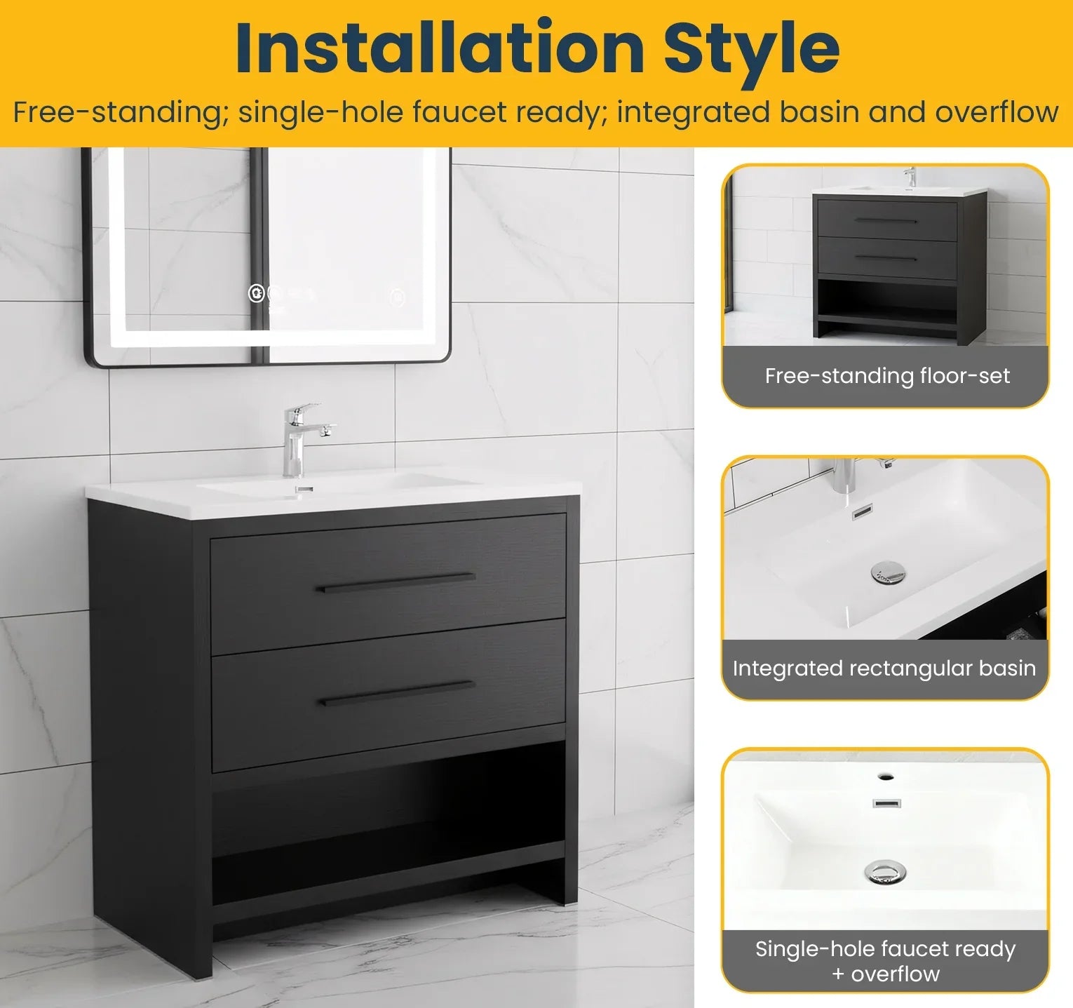 36" Black Rough Oak Freestanding Bathroom Vanity with White Polymarble Countertop