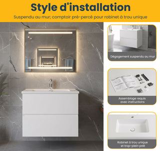 Meuble-Lavabo Mural 24po Blanc avec Comptoir de Polymarbre Blanc