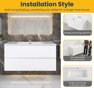 40" White Wall Mount Bathroom Vanity with White Polymarble Countertop