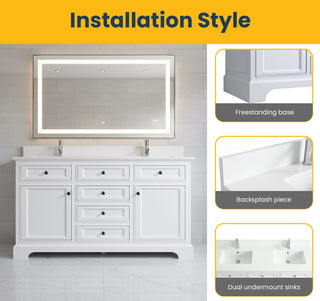 Meuble-Lavabo Autoportant 60po Blanc avec Comptoir de Quartz Blanc Solide