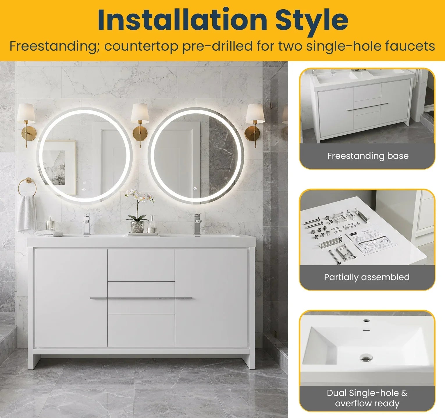 Meuble-Lavabo Autoportant 60po Blanc Brillant avec Comptoir de Polymarbre Blanc 