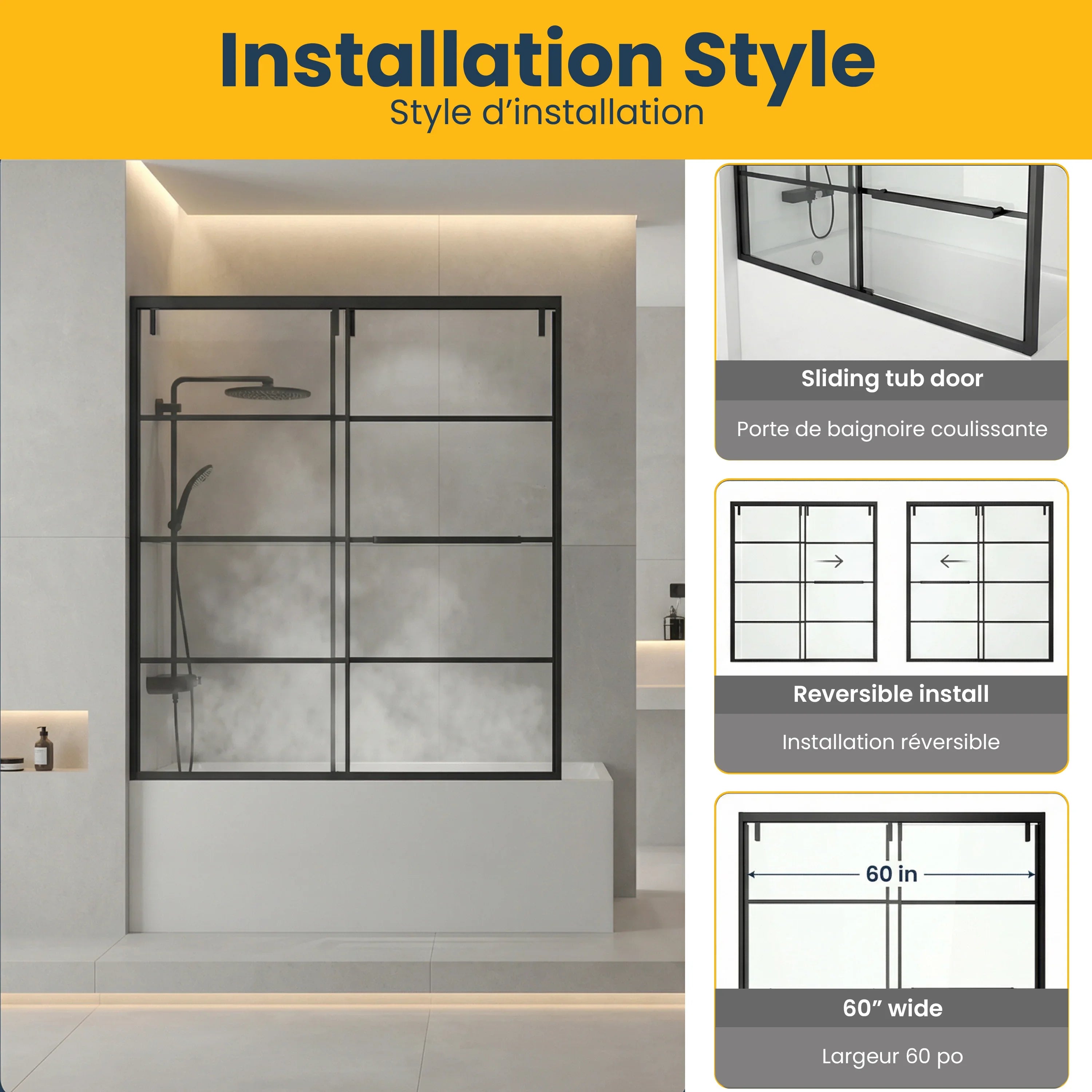 Porte de Baignoire Coulissante 60po x 66po Noir Mat avec Motif Grille - Réversible