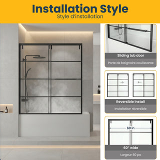 60" x 66" Framed Reversible Sliding Bathtub Door in Matte Black with Clear Glass Without Base