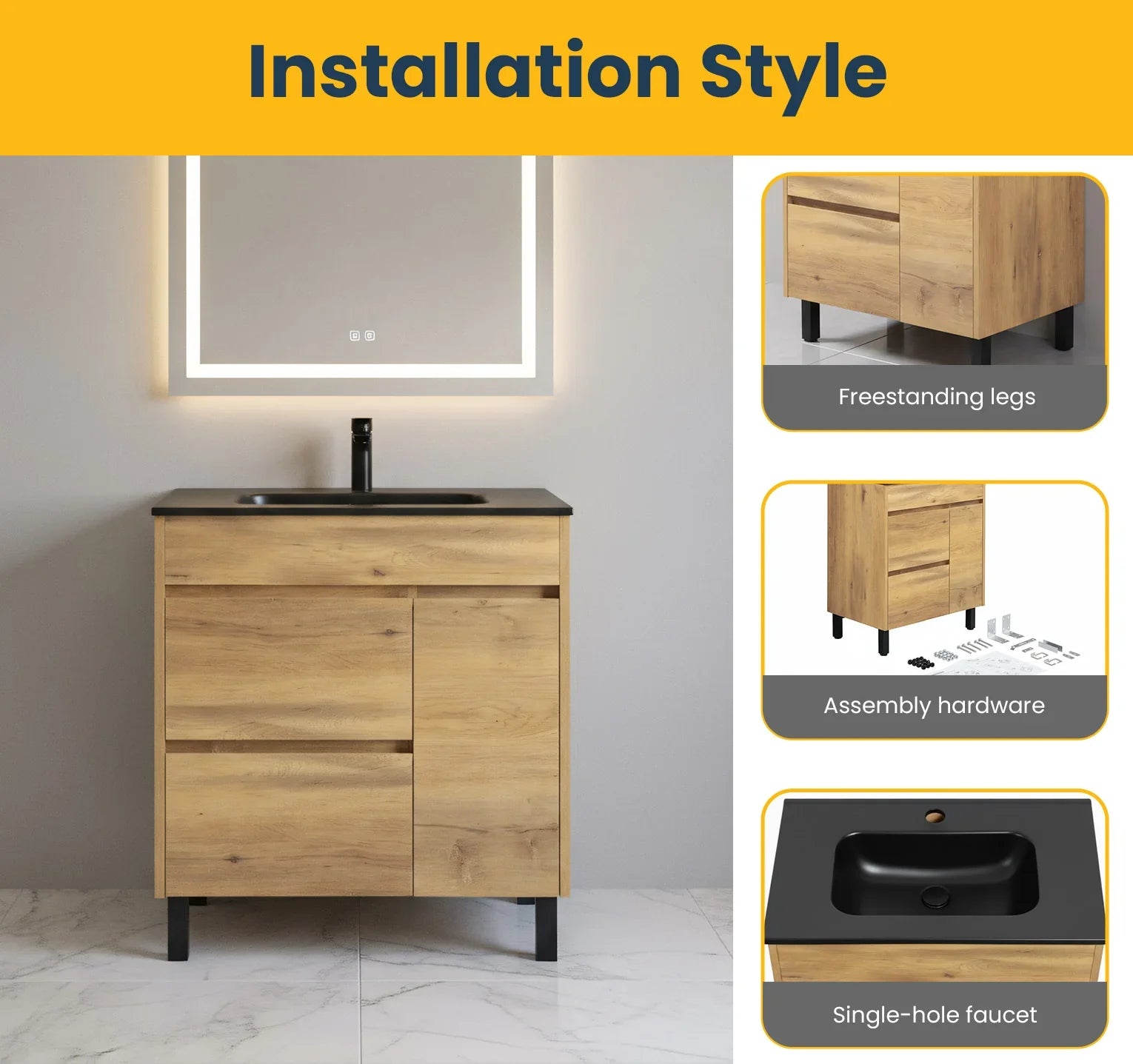 30" Frosted Oak Freestanding Single Sink Bathroom Vanity with Black Ceramic Countertop