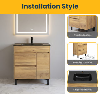 30" Frosted Oak Freestanding Single Sink Bathroom Vanity with Black Ceramic Countertop