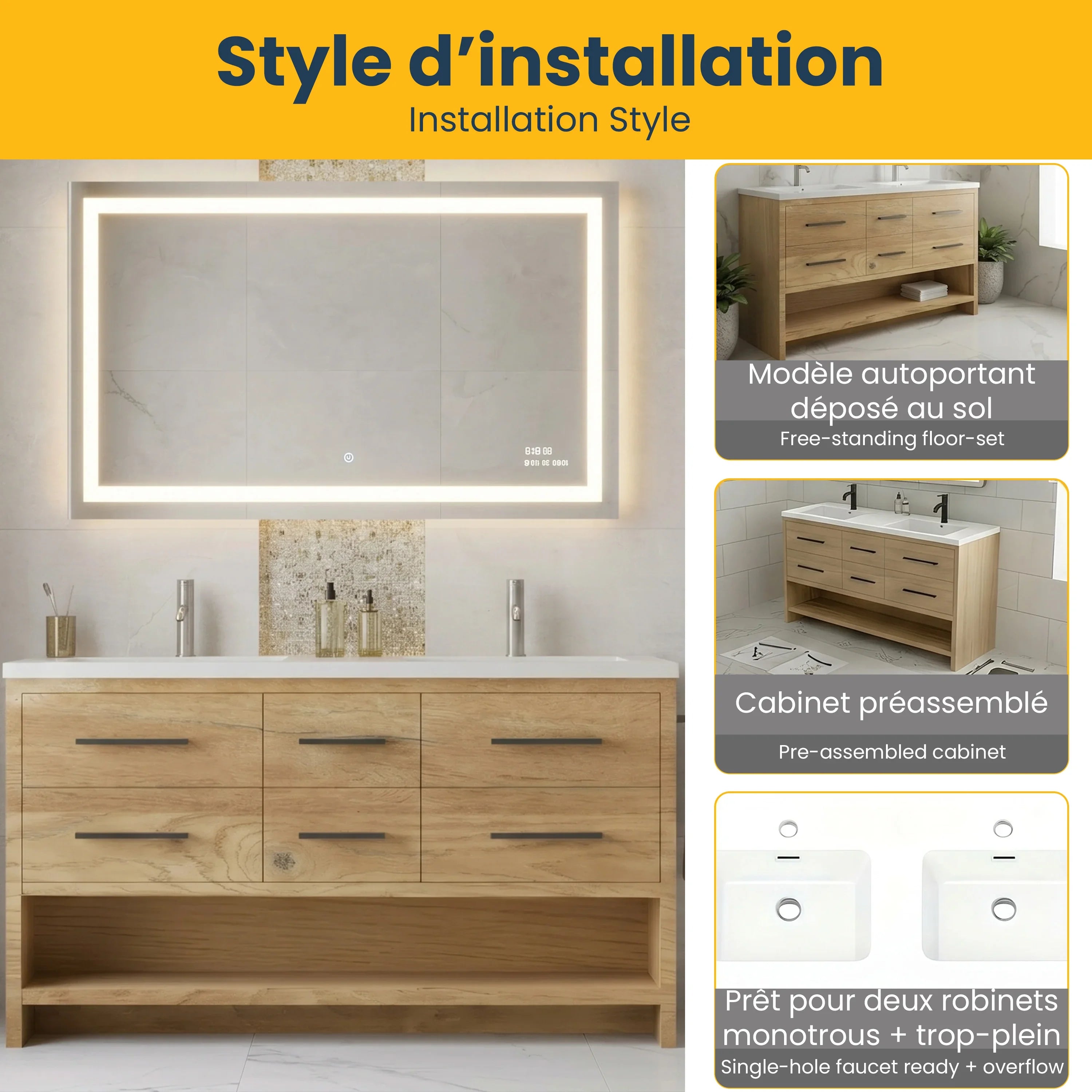 Meuble-Lavabo Autoportant 72po Chêne Brut avec Comptoir de Polymarbre Noir