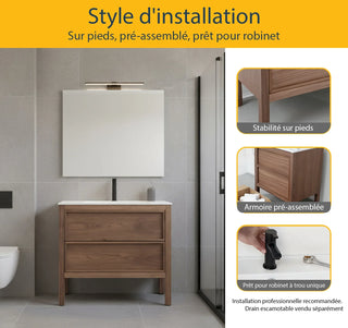 36" Natural Walnut Freestanding Bathroom Vanity with White Solid Surface Countertop