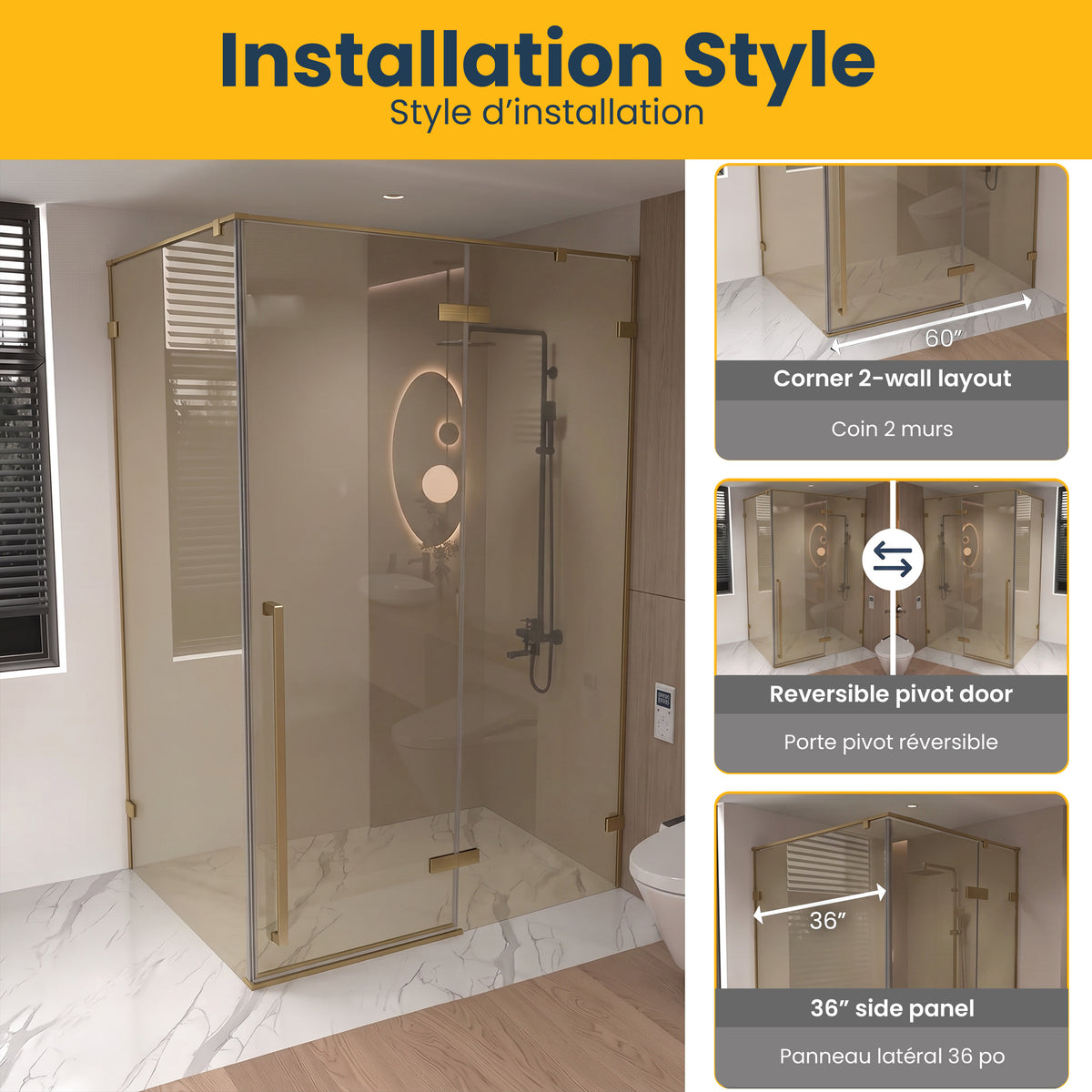 57,6po–58po L (largeur ajustable) x 79po H Porte de douche pivotante réversible sans cadre en or brossé avec verre brun teinté et panneau latéral 34,1po–34,5po