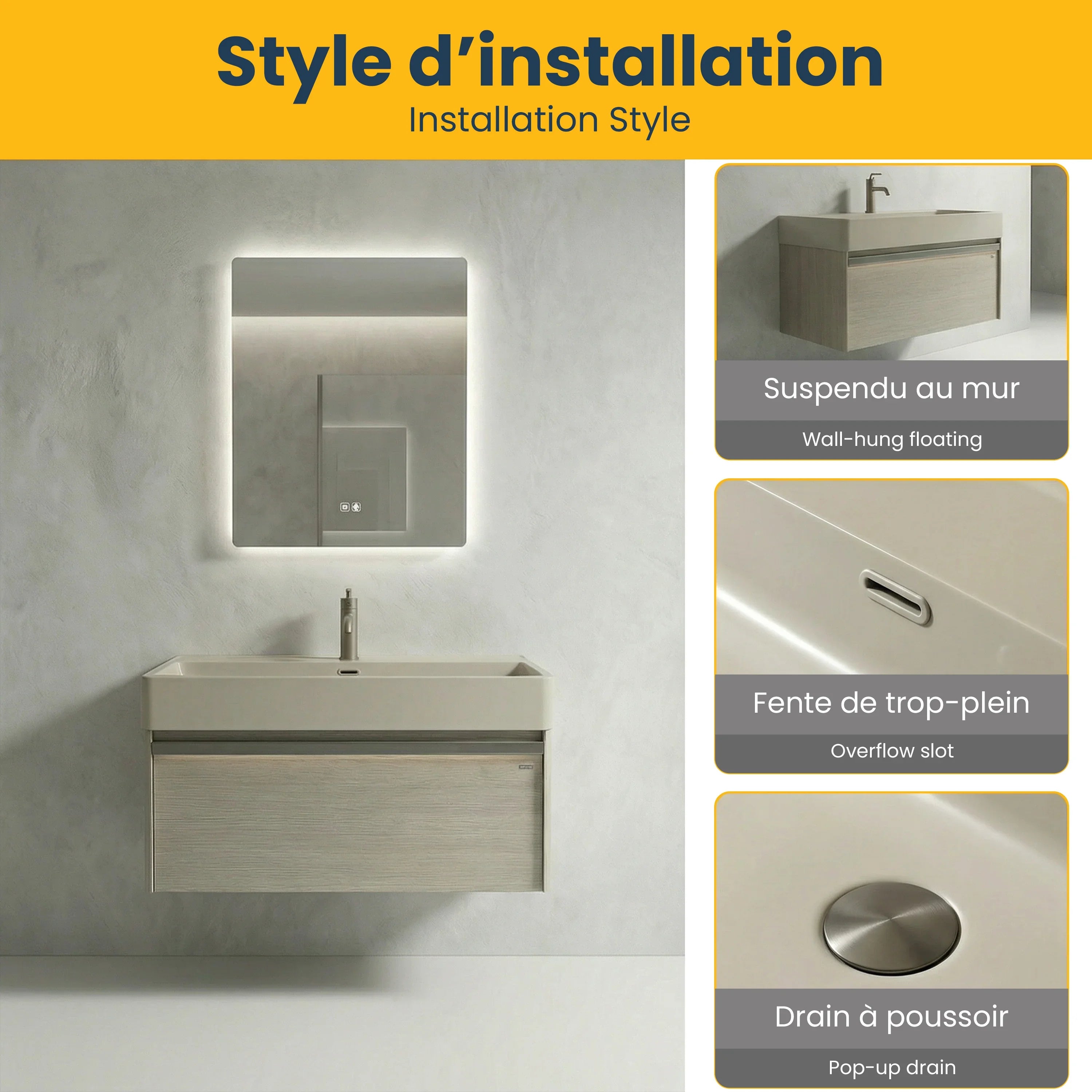 40" Taupe Wall Mount Vanity with Light Taupe Nano Solid Surface Integrated Countertop with Pop-up