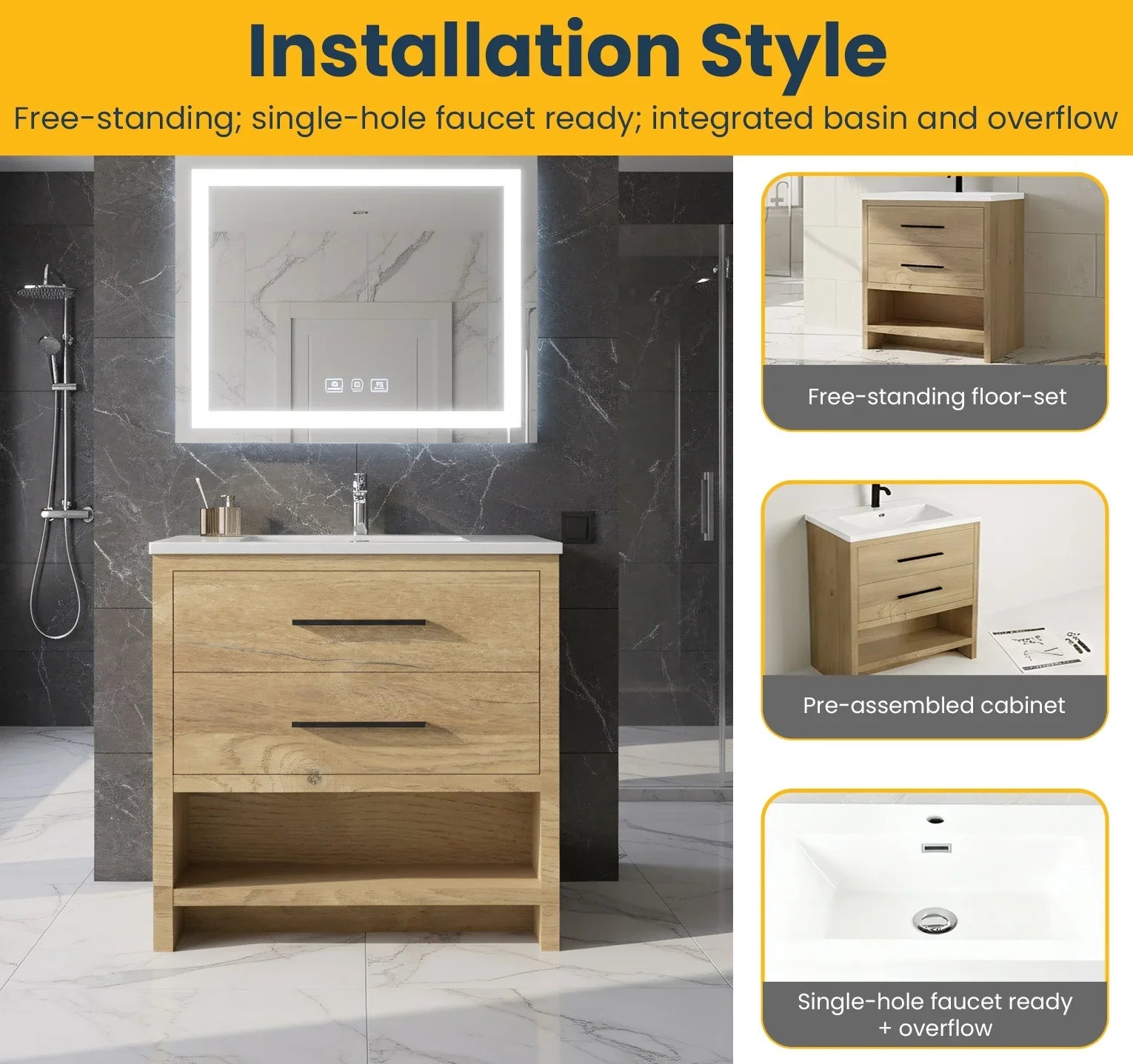 36" Rough Oak Freestanding Bathroom Vanity with White Polymarble Countertop