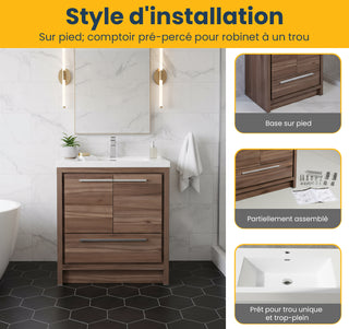 30" Walnut Freestanding Bathroom Vanity with White Polymarble Countertop