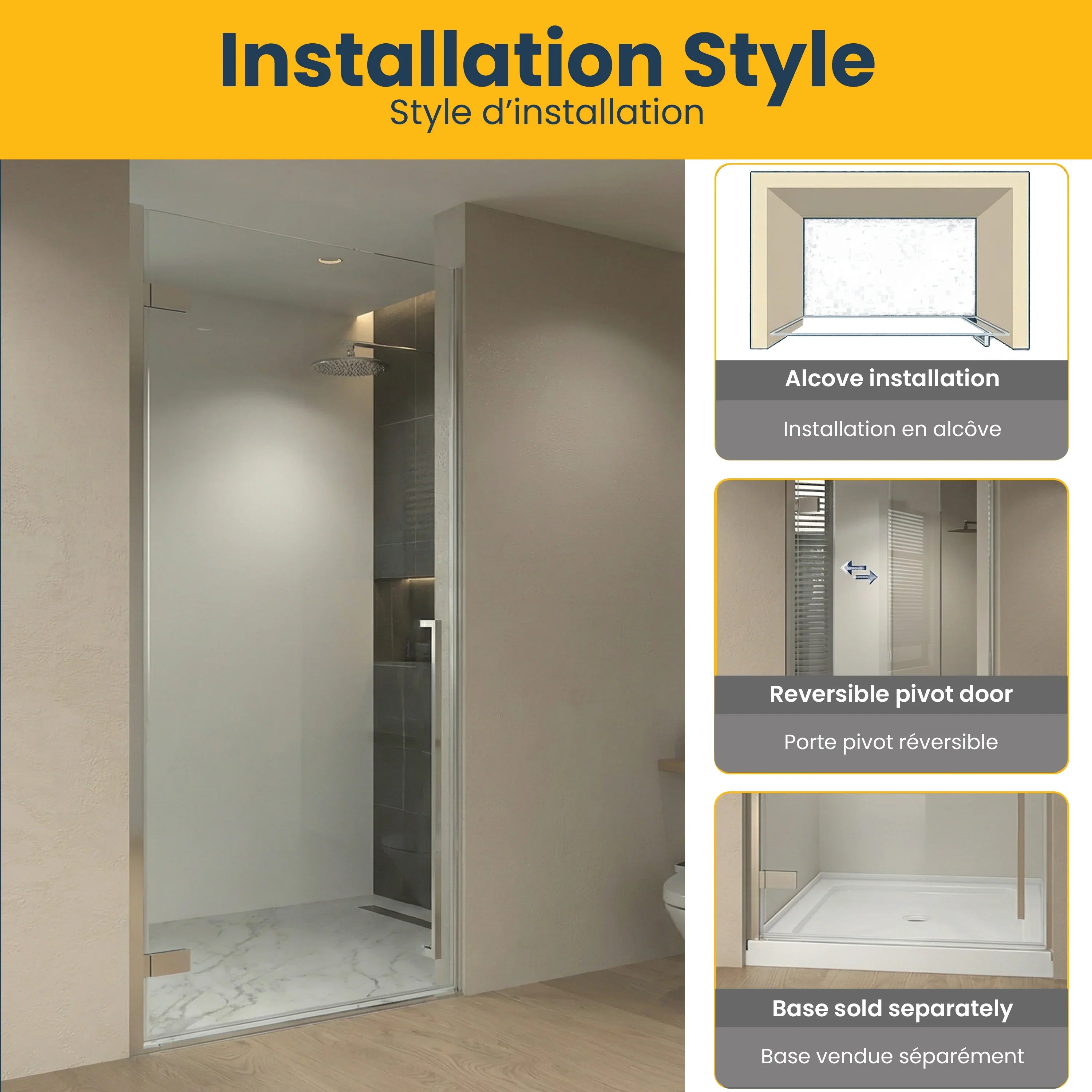 33.9"–34.3" x 79" Reversible Chrome Pivot Shower Door with Clear Tempered Glass