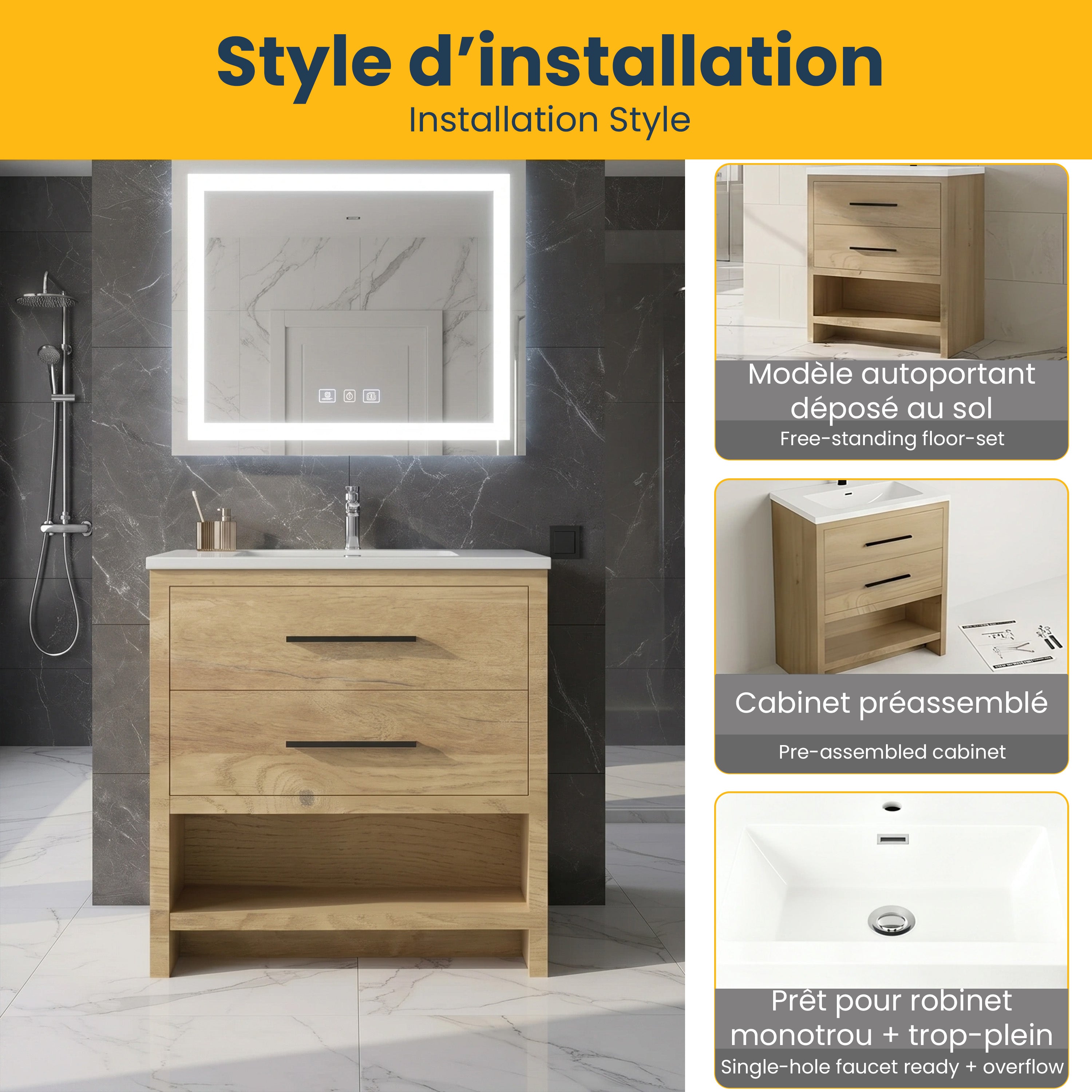 Meuble-lavabo autoportant en chêne brut 36" avec Comptoir en polymarbre blanc