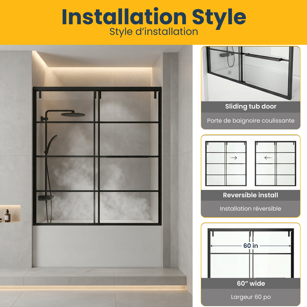 60" x 66" Matte Black Framed Sliding Bathtub Door with Grid Design - Reversible