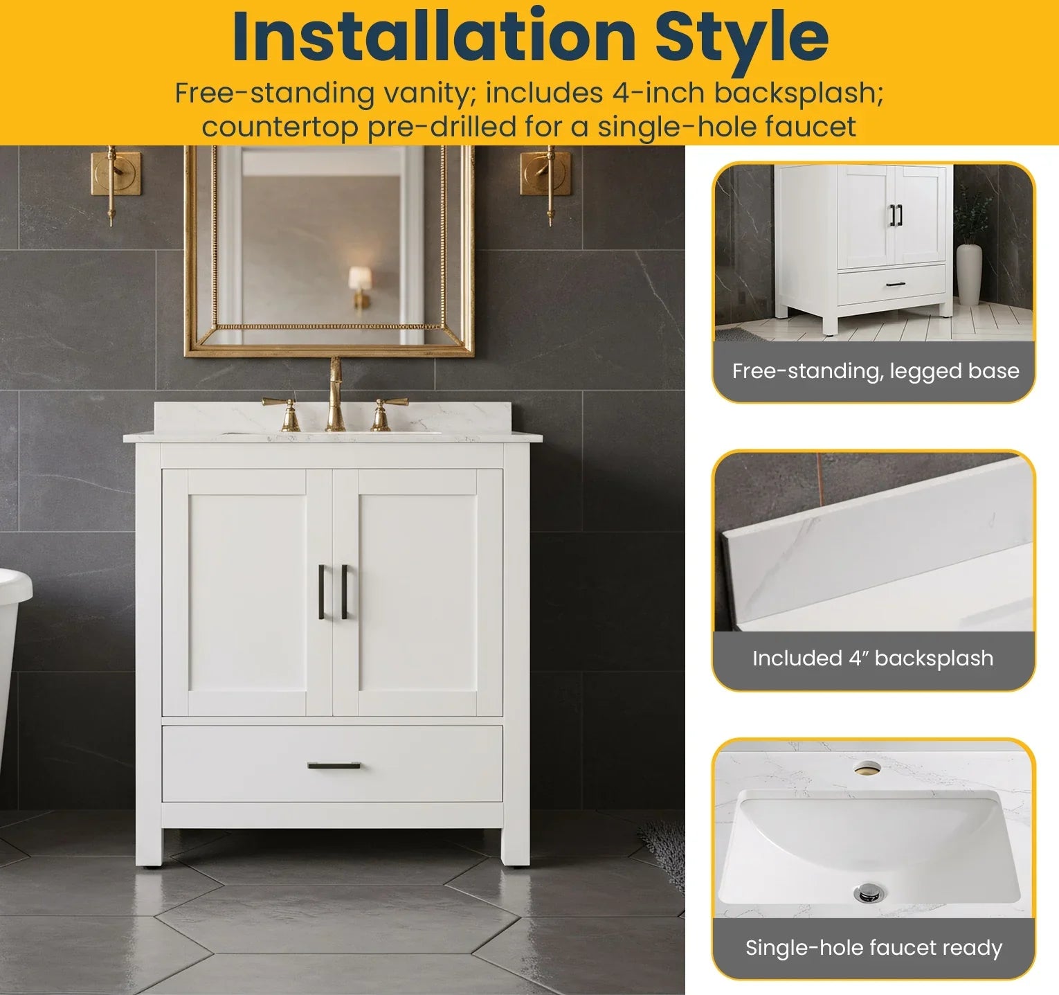 30" White Freestanding Single Sink Bathroom Vanity with Engineered Calcutta Marble Countertop