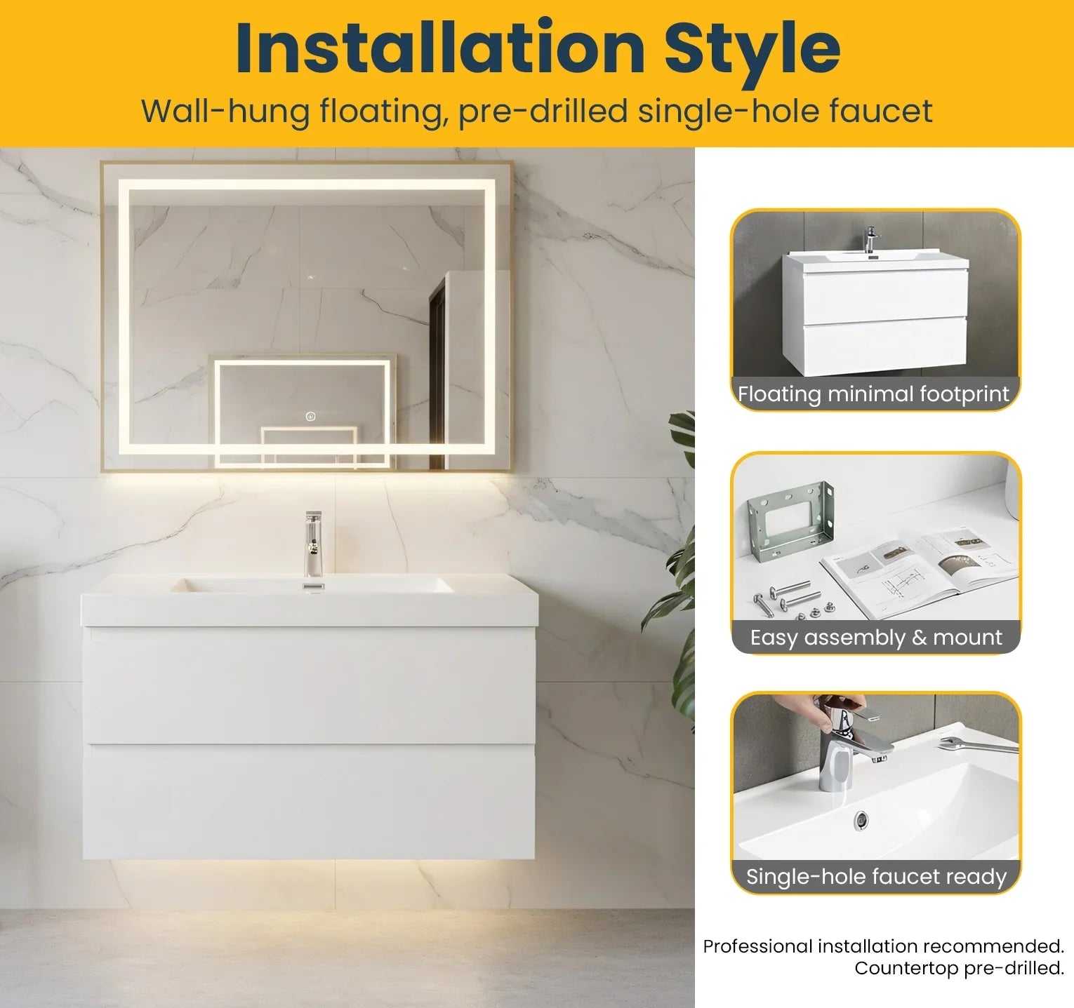 36" Glossy White Wall Mount Bathroom Vanity with White Polymarble Countertop