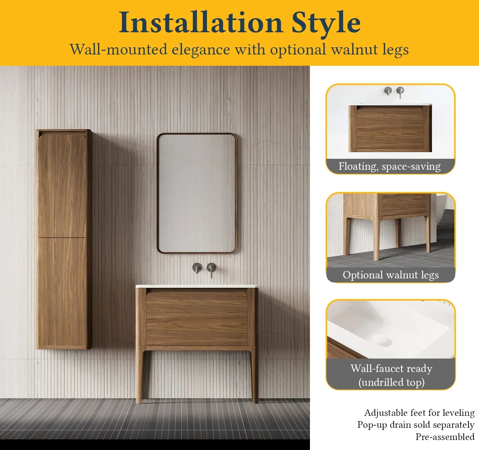 36" Walnut Wall Mount Bathroom Vanity with Matte White Solid Surface Countertop