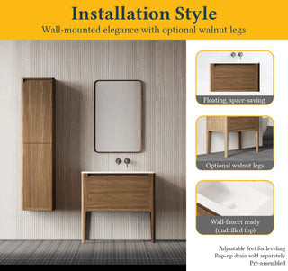 Meuble-Lavabo Mural 36po Noyer avec Comptoir de Surface solide Blanc Mat