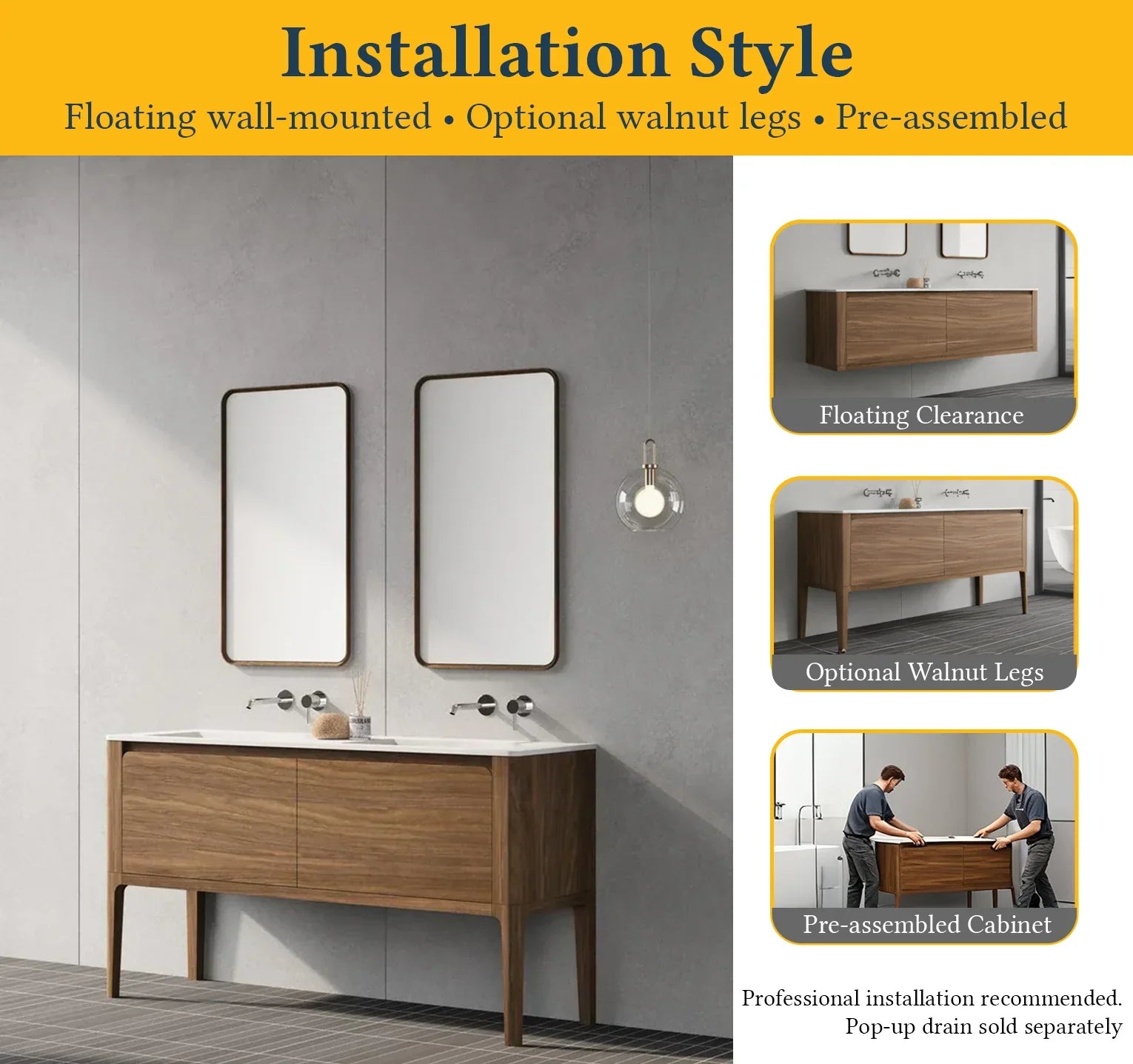 60" Walnut Wall Mount Double Sink Bathroom Vanity with Matte White Solid Surface Countertop