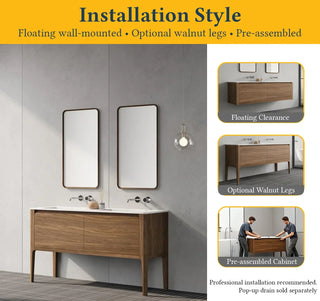 Meuble-Lavabo Mural 60po Noyer avec Comptoir de Surface solide Blanc Mat