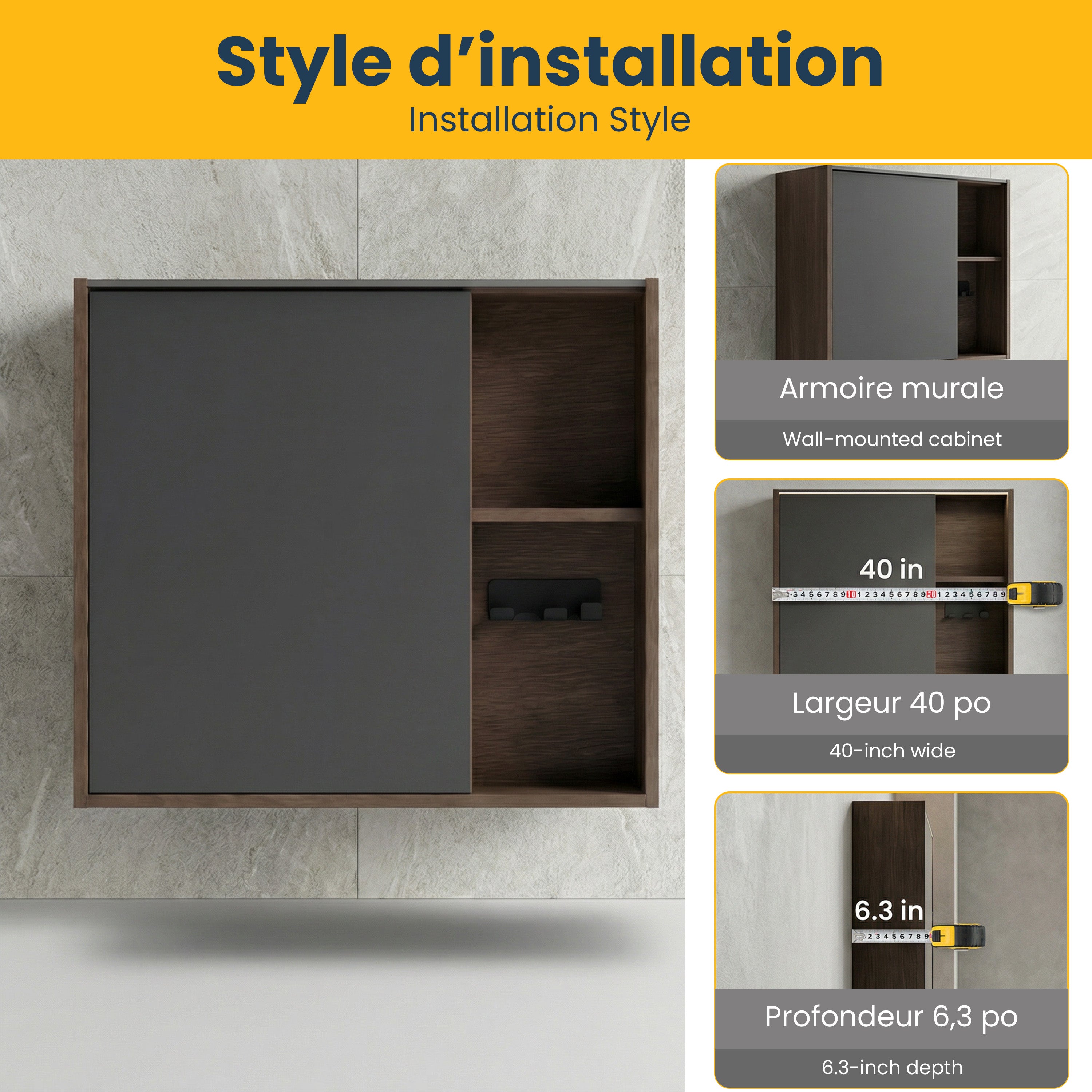 Armoire à pharmacie DEL 40po en noisette avec portes à fermeture douce