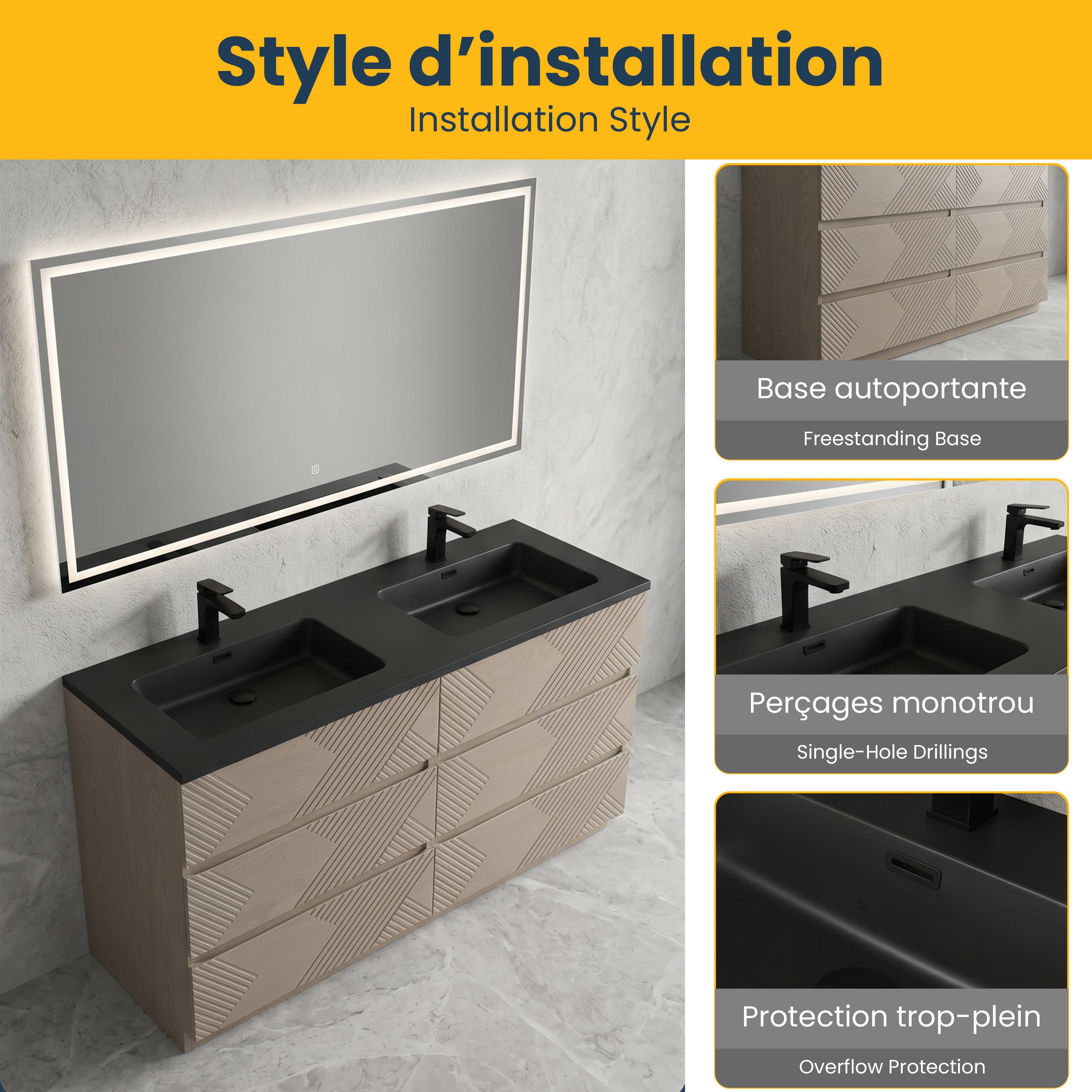 60" Taupe Oak Freestanding Double Sink Vanity with Black Engineered Quartz Countertop