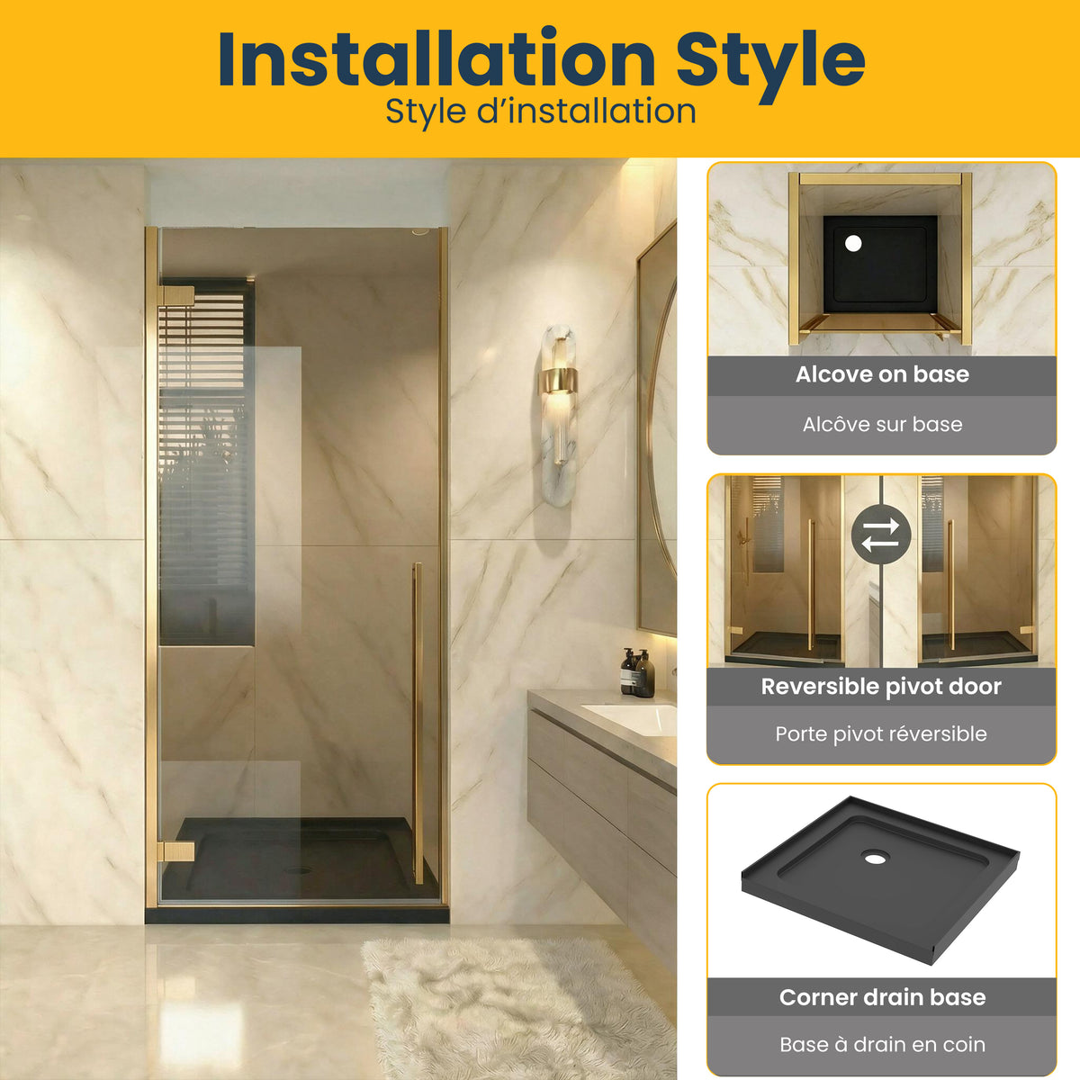 29,9po–30,3po L (largeur ajustable) x 79po H Porte de douche pivotante réversible sans cadre en or brossé avec verre brun et base noire 32po