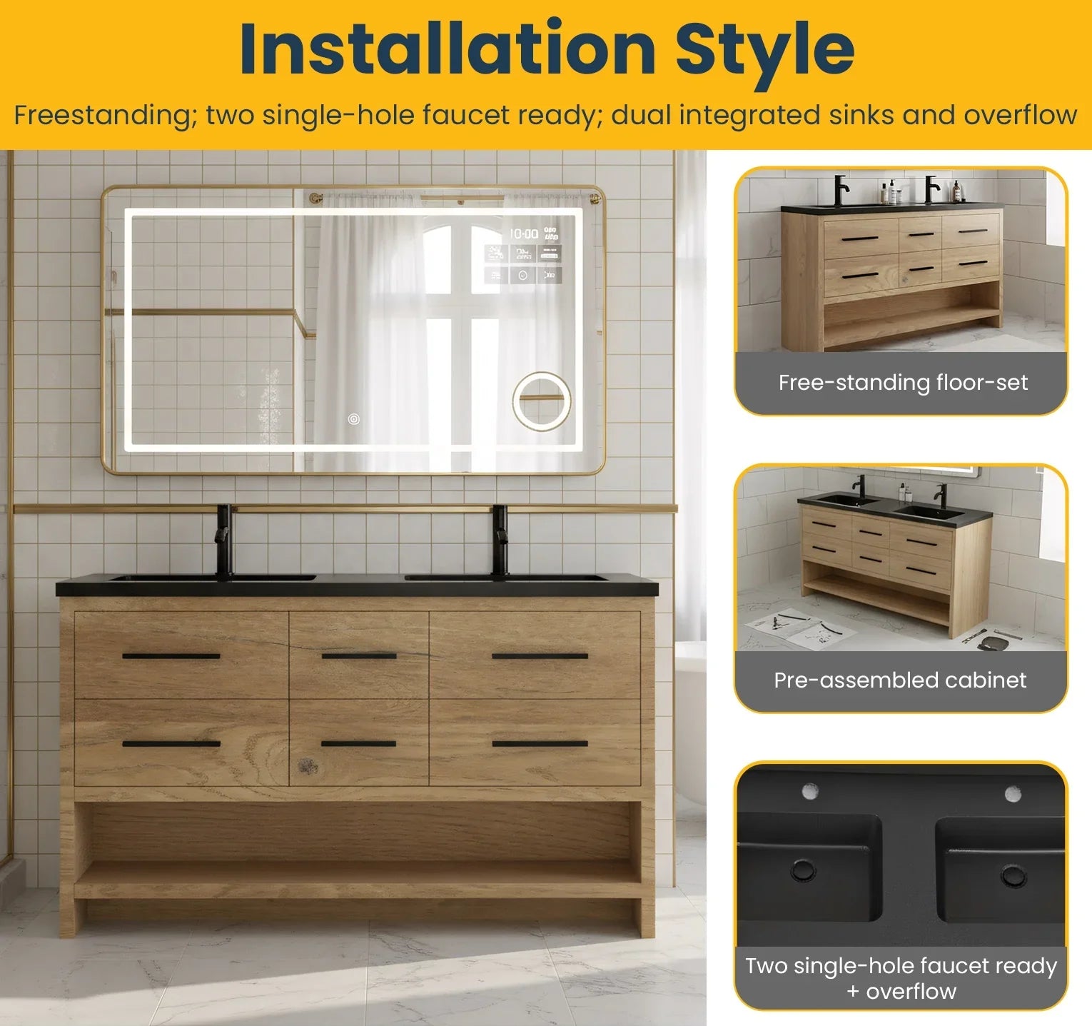 60" Rough Oak Freestanding Double Sink Bathroom Vanity with Black Engineered Quartz Countertop