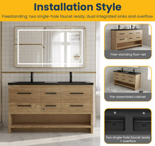 Meuble-Lavabo Autoportant 60po Chêne Brut avec Comptoir de Quartz d'ingénierie Noir