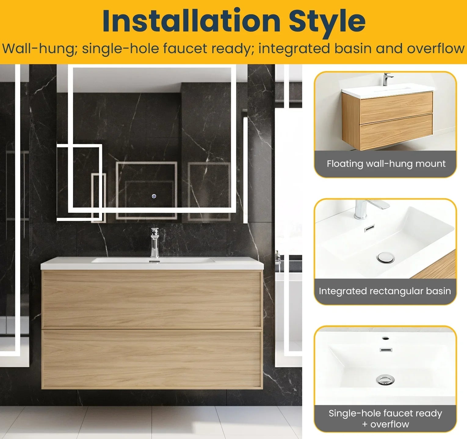 Meuble Lavabo Flottant 36po Noyer Couchant avec Comptoir Polymarbre Blanc - Collection Luxe