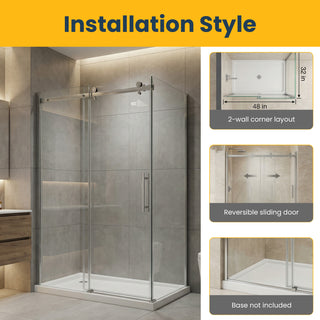Porte de douche coulissante réversible 48" x 32" x 75" en chrome - Verre 10 mm, installation sur 2 murs avec panneau latéral de 32"
