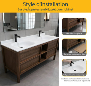 72" Natural Walnut Freestanding Double Sink Bathroom Vanity with White Solid Surface Countertop