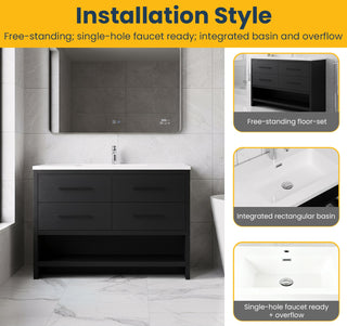 48" Black Rough Oak Freestanding Bathroom Vanity with White Polymarble Countertop