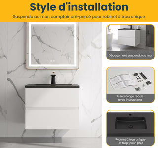 Meuble-lavabo mural blanc 24" avec Comptoir en quartz noir reconstitué