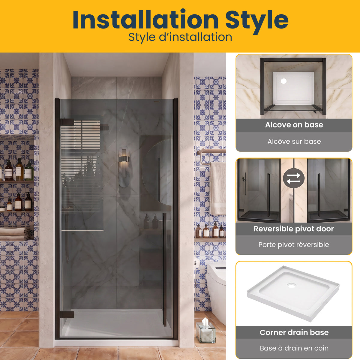 33.9"–34.3" W (Adjustable Width) x 79" H Frameless Reversible Pivot Shower Door in Matte Black with Black Tinted Glass & 36" White Acrylic Shower Base