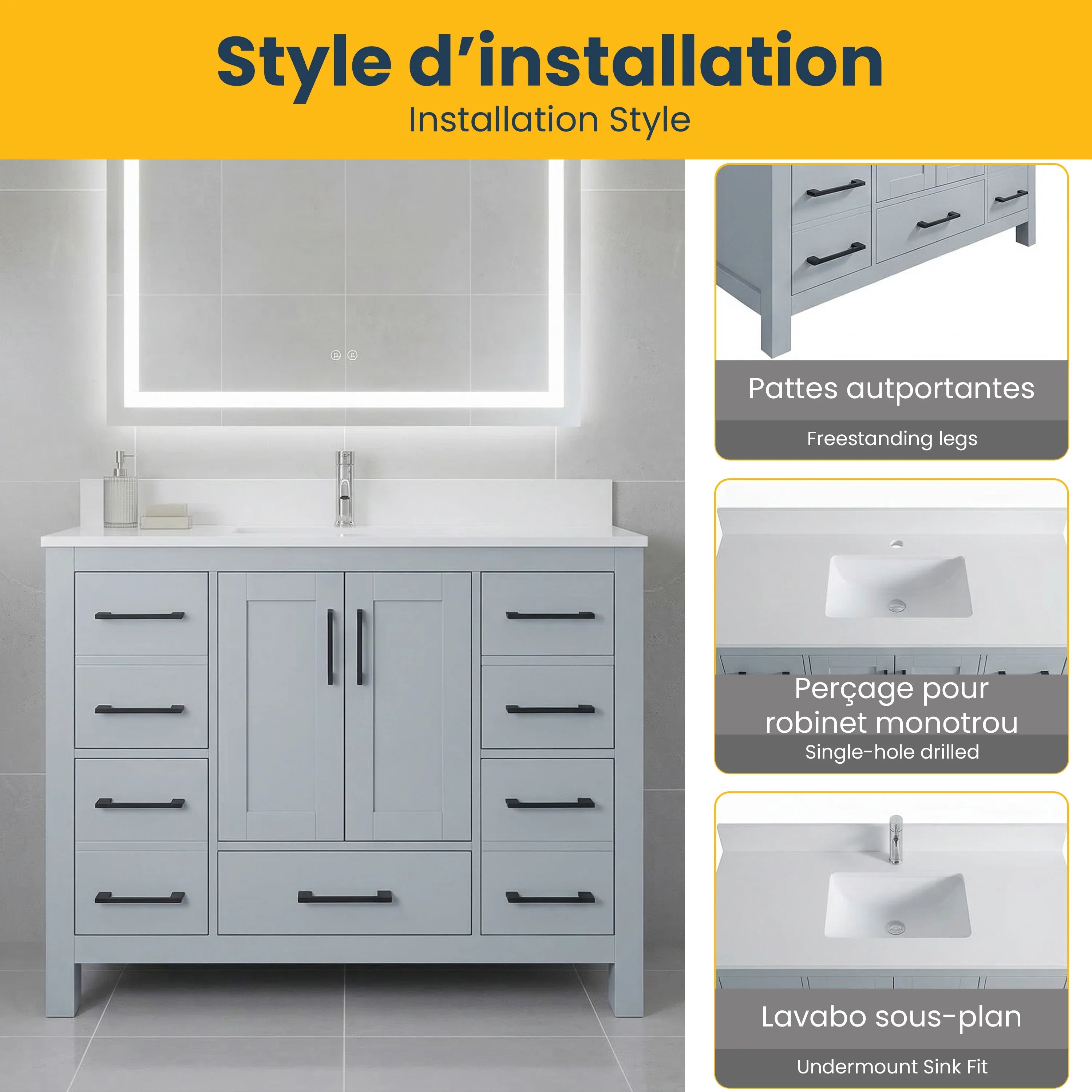Meuble-lavabo autoportant gris Hampton 42po avec comptoir en marbre blanc reconstitué