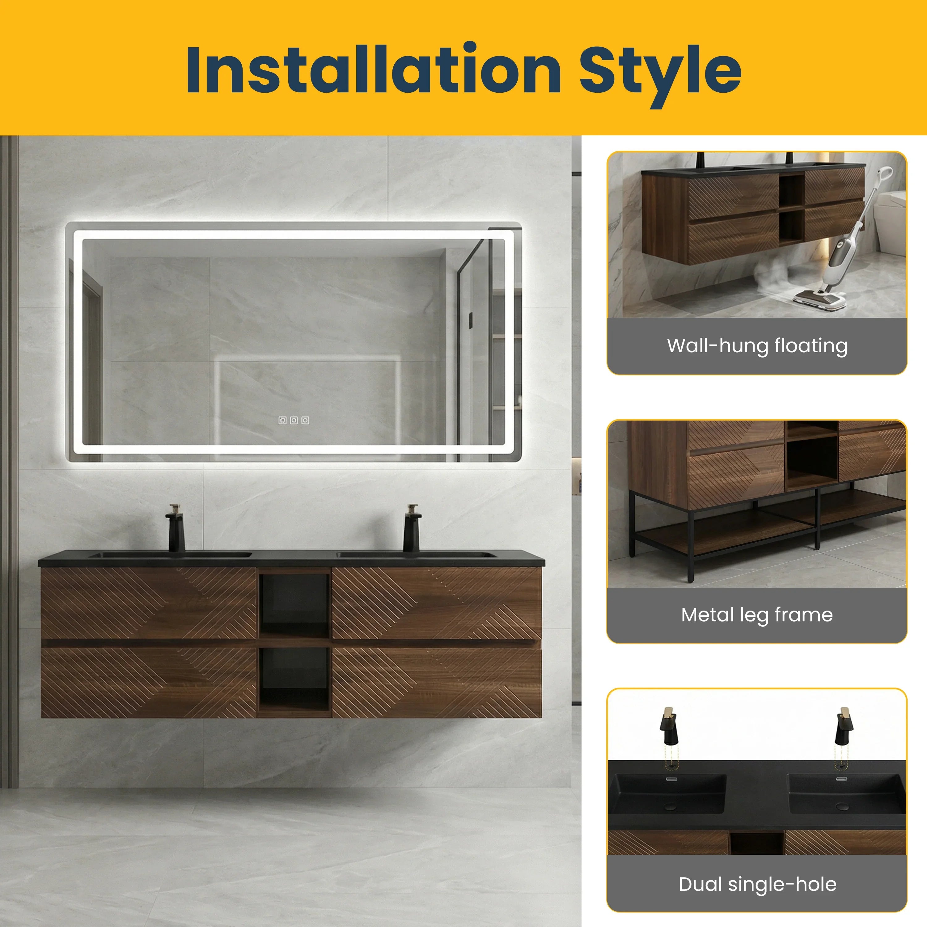 72" Walnut Wall Mount Double Sink Bathroom Vanity with Black Engineered Quartz Countertop