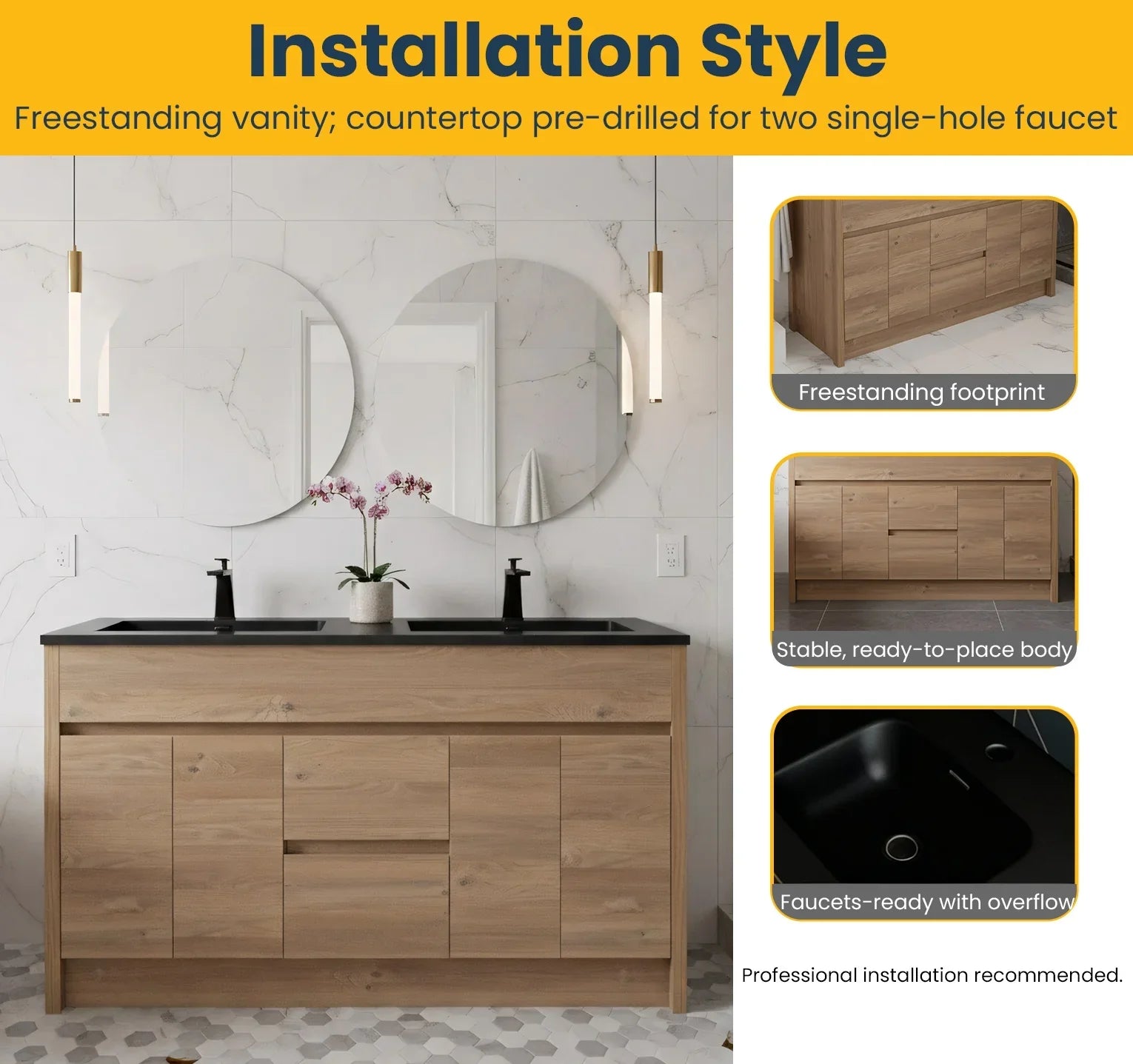 60" Rough Oak Freestanding Double Sink Bathroom Vanity with Black Engineered Quartz Countertop