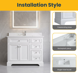 42" White Freestanding Single Sink Bathroom Vanity with Engineered Calcutta Marble Countertop