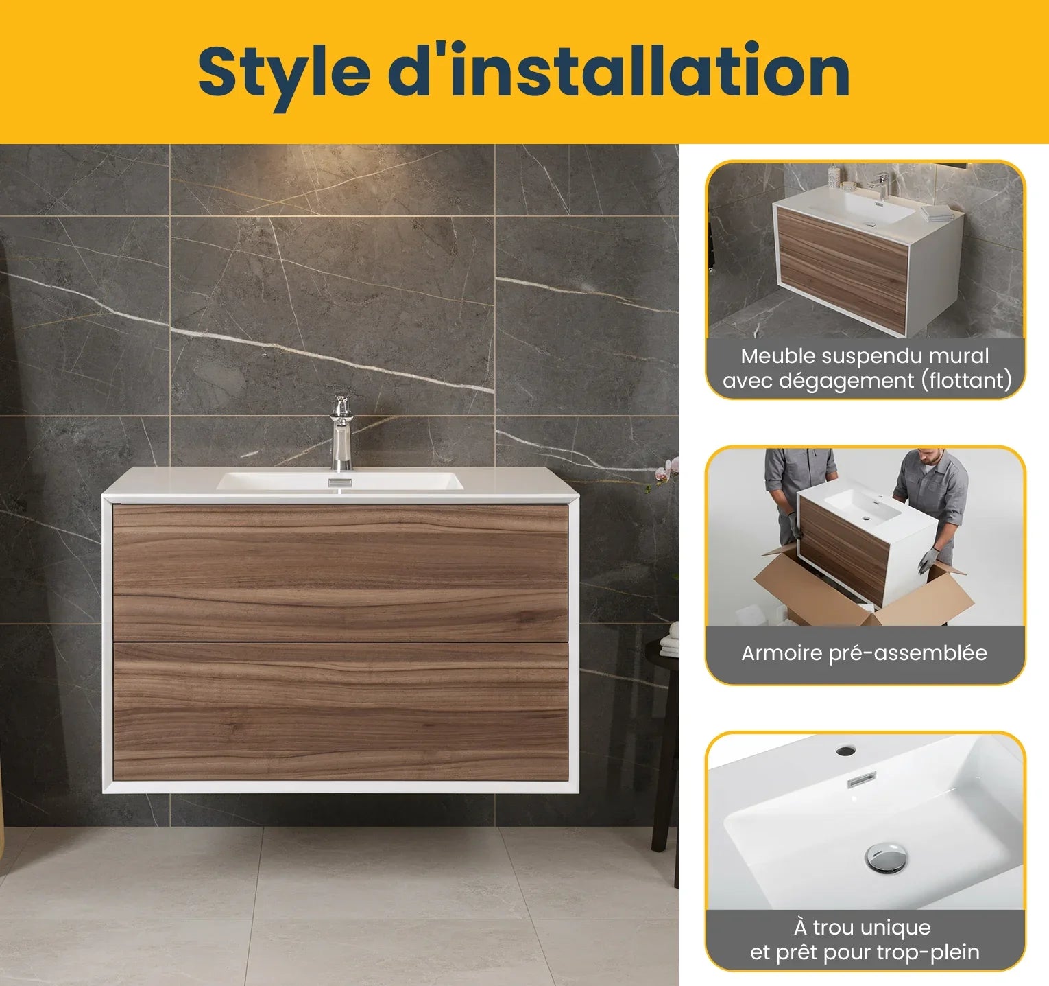 Meuble-lavabo mural en noyer de 36" avec Comptoir en polymarbre blanc