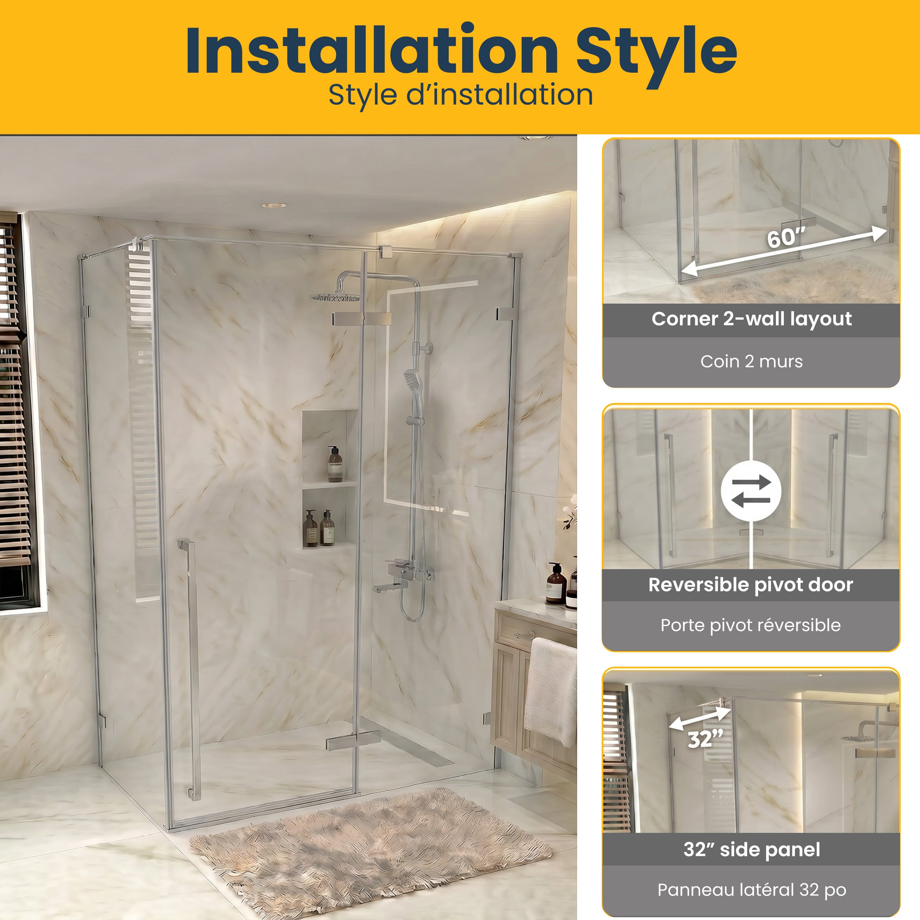 Porte de douche pivotante chromée 60po x 79po avec panneau latéral 32po - Verre trempé clair
