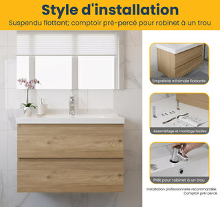 36" Rough Oak Wall Mount Bathroom Vanity with White Polymarble Countertop