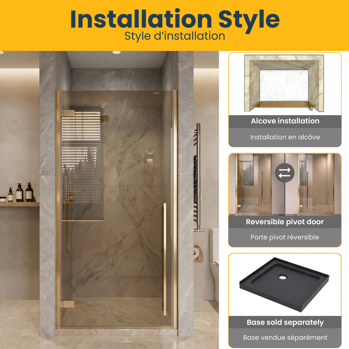 33,9po–34,3po L (largeur ajustable) x 79po H Porte de douche pivotante réversible sans cadre en or brossé avec verre brun teinté