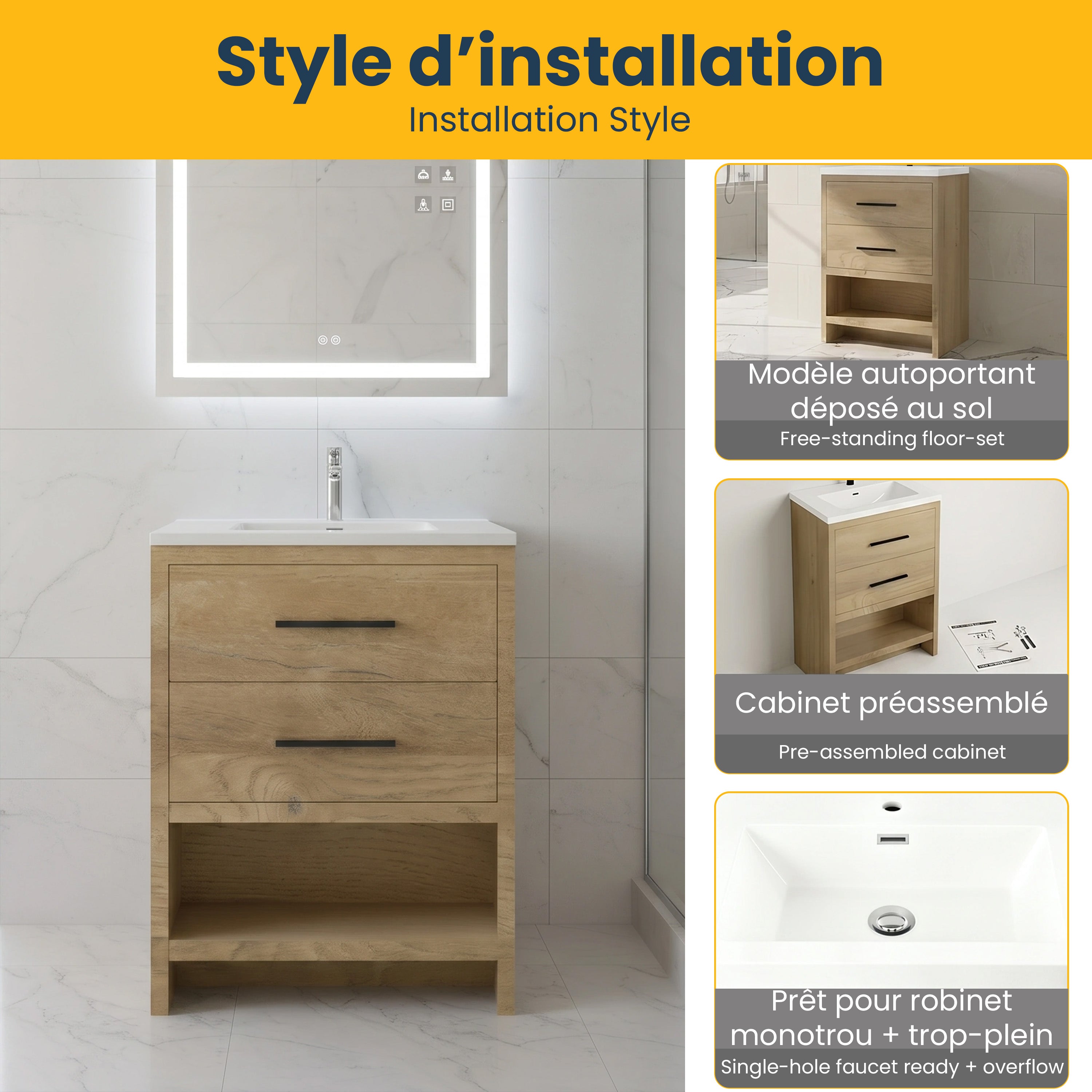 Meuble-lavabo Autoportant 24 po Chêne Brut avec Comptoir en Polymarbre Blanc